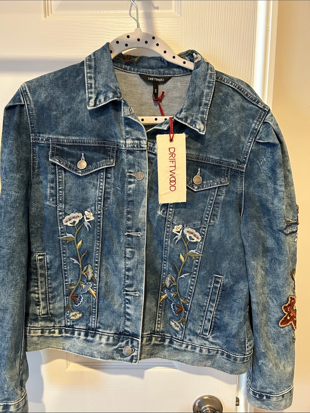 DRIFTWOOD Distressed Blue Denim Jacket with Floral Embroidery